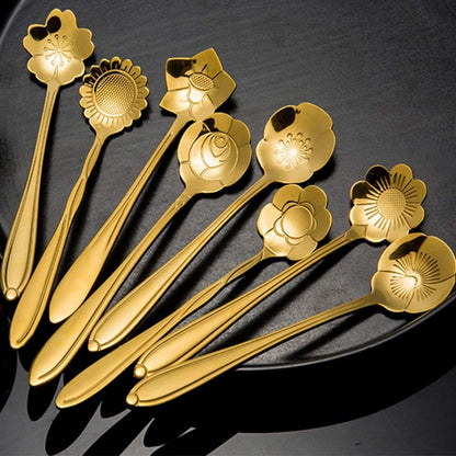 Stainless Steel Creative Flower Coffee Spoon Set - Sugar Spoon, Stirring Spoon, Ice Tea Spoon, Gold, Set of 8