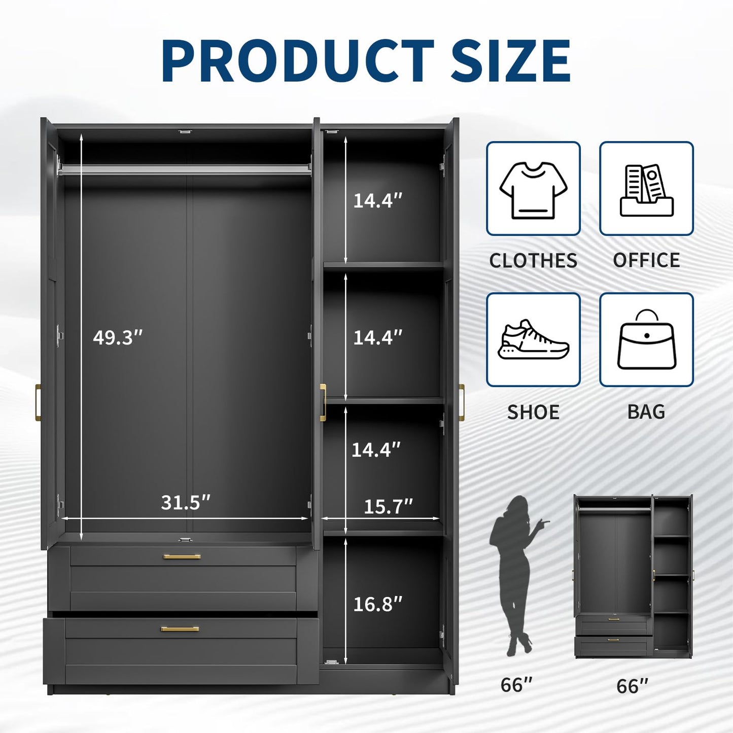 66" 3 Doors Wooden Wardrobe Closet Armoire with 2 Drawers & 3 Shelves, Wooden Wardrobe Closet with Hanging Rod, Bedroom Large Capacity Freestanding Armoire for Bedroom,Cloak Room,Entrance Hall, Black