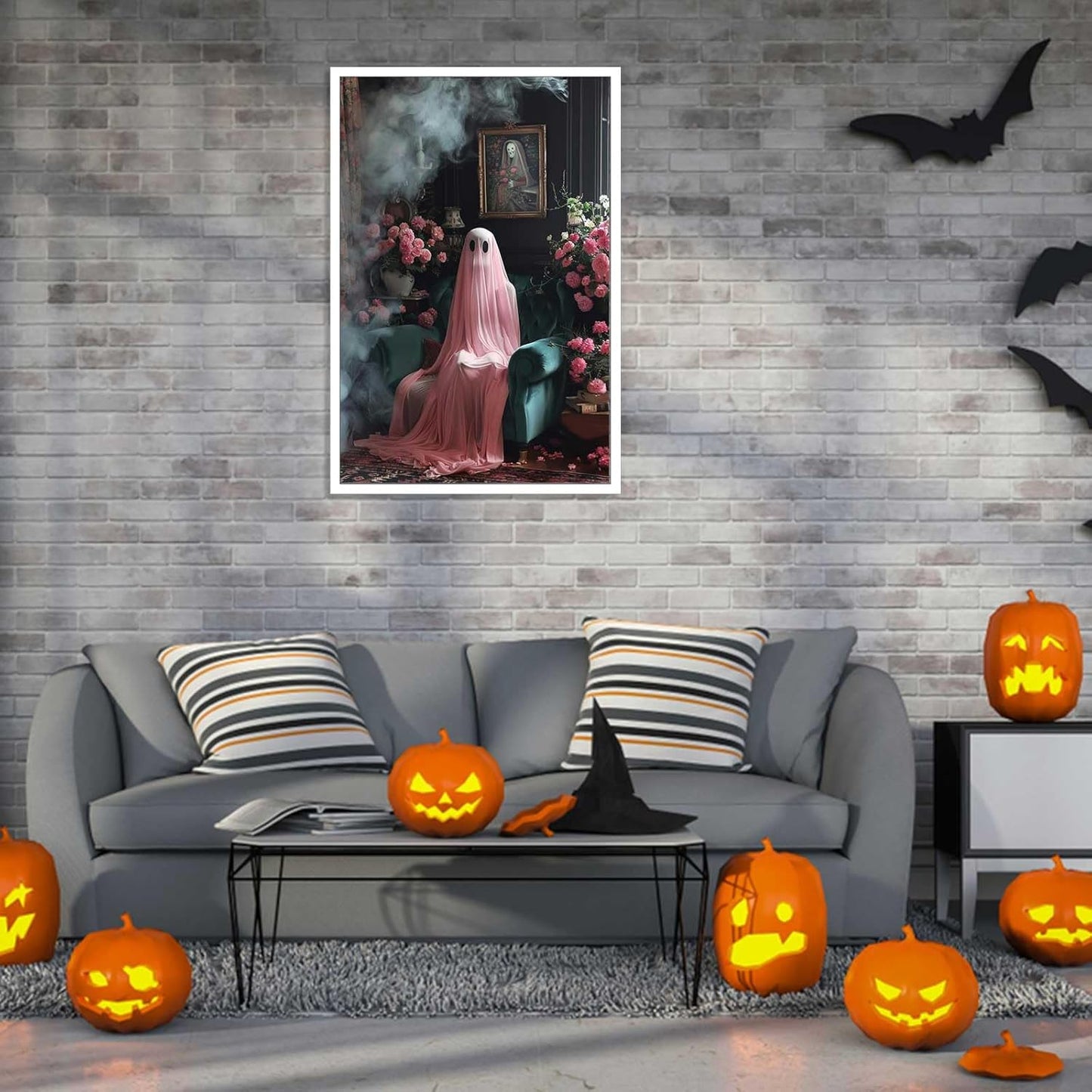 ADRHGCY Retro Pink Ghost Posters, Cute Horror Scary Wall Art, Ghost Figure Sitting on Weeds, 12x16in Unframed