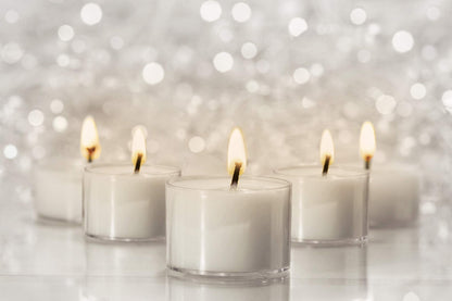 Ner Mitzvah Long Lasting Tealight Candles - 6 Hours - White in Clear Cups - Unscented - 80 Pack - Made in EU