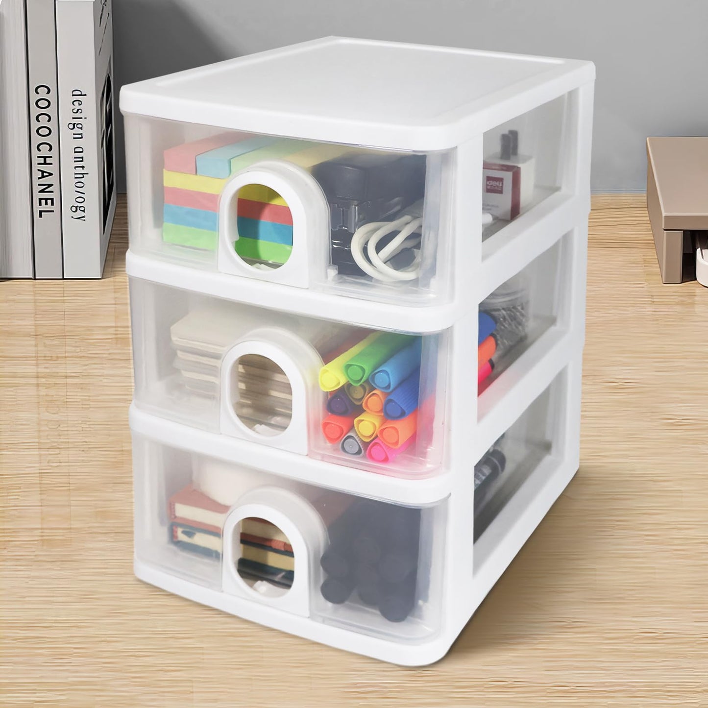 DETEIN Desktop Storage Drawers Desk Organizer with Drawers, 3 Drawers Organizing Drawers Clear Small Plastic Storage Drawers for Crafts, Accessories, Stationeries, Office Supplies, Pens (1Pack)
