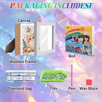 WEMEON Cat Diamond Art Painting Kits for Kids with Frame, Diamond Art for Kids Ages 4-8-12, Package for Gift and Home Wall Decor(7x7inch)