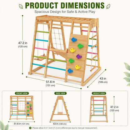 Avenlur Premium Wooden Indoor Climbing Gym for Kids – Montessori Playset with Climbing Wall, Ladder, Rope Net & Swing – Solid Natural Wood Toddler Playground, Ages 1–6
