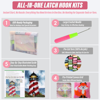 Raixleb Latch Hook Kits for Adults/Kids Pattern Printed Rug Making Kit Everything Included Gift for Family Friends Latch Hook Rugs DIY Needlework Crafts for Home Sofa Bear/Rabbit 20 X 20 Inches