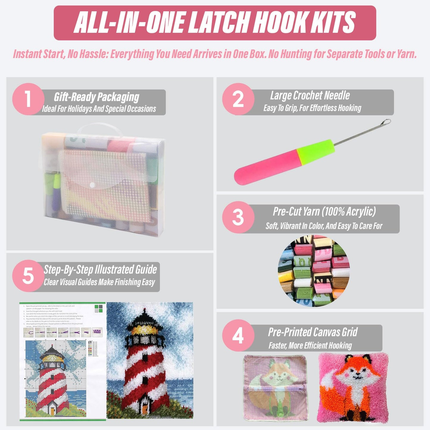 Raixleb Latch Hook Kits for Adults/Kids Pattern Printed Rug Making Kit Everything Included Gift for Family Friends Latch Hook Rugs DIY Needlework Crafts for Home Sofa Ladybird 20 X 20 Inches