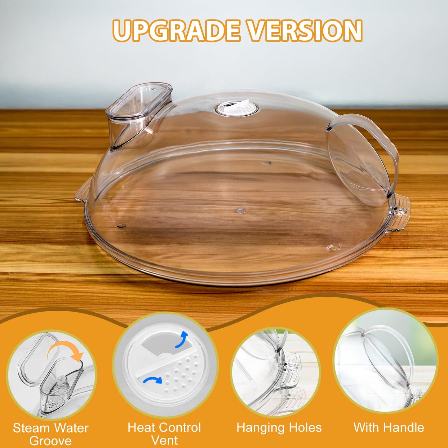 WENWELL Microwave Splatter Cover for Food with Water Steamer 12 inch Clear Kitchen Integrated Handle Splatter Guard Plate Covers Microwave Lid BPA-Free, Clear Safe Plastic