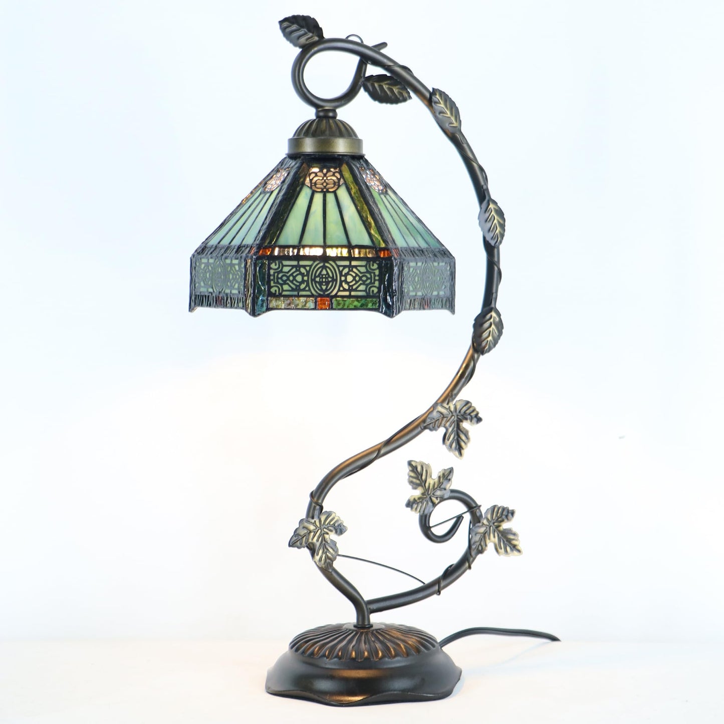 LXHCYOU Tiffany Table Lamp, Stained Glass Desk Light, 8X10X21 Inches, Metal Leaf Base (Sapphire Style)