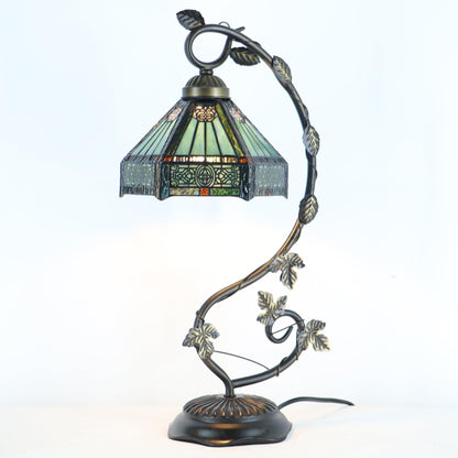 LXHCYOU Tiffany Table Lamp, Stained Glass Desk Light, 8X10X21 Inches, Metal Leaf Base (Sapphire Style)
