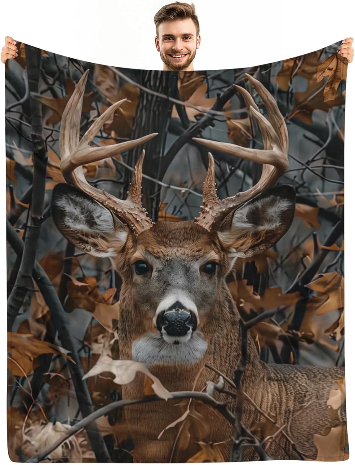 Camo,80"x60" KOYI Camo Gifts for Men, Camo Buck Blanket, Realistic Camo Leaves with Deer Blanket, Deer Gifts for Men