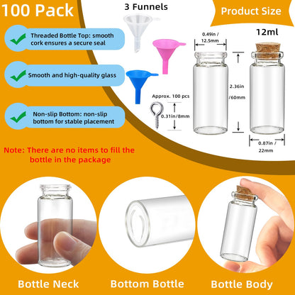 100Pcs 12ml Mini Glass Bottles with Cork Stoppers - Small Clear Vials for DIY Crafts, Wedding Favors, Halloween Decor, Wishing Spell Jars, Includes Funnel-(22 * 60 mm)