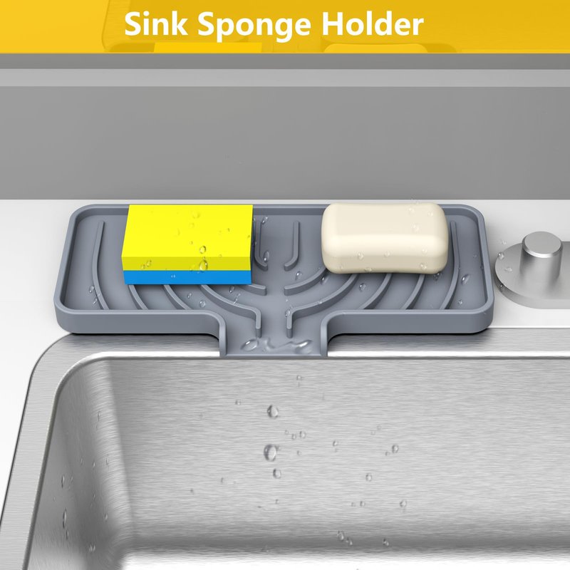 JOOKKI Sponge Holder for Kitchen Sink, Soap Tray for Sink & Counter, 9.8"×4.9" Soap Dish Mat, Silicone with Drain, Perfect for Kitchen, Scrubber, Bottle, Cup (Gray)