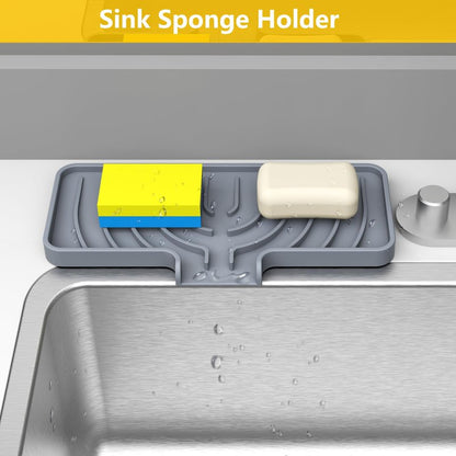 JOOKKI Sponge Holder for Kitchen Sink, Soap Tray for Sink & Counter, 9.8"×4.9" Soap Dish Mat, Silicone with Drain, Perfect for Kitchen, Scrubber, Bottle, Cup (Gray)