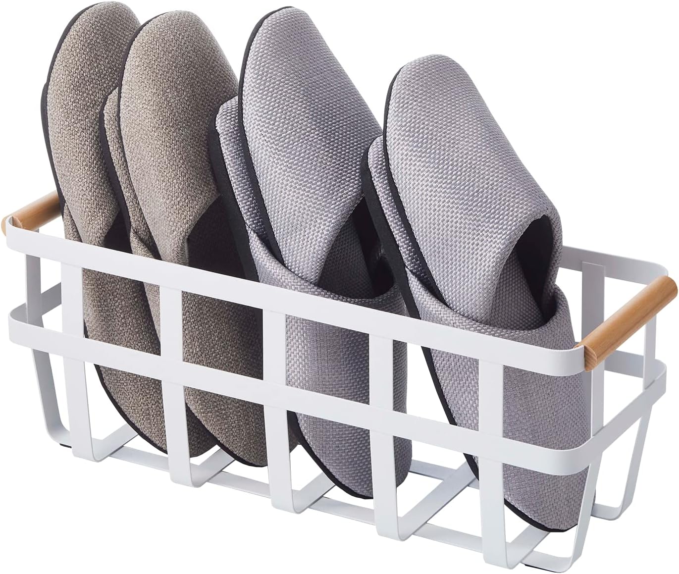 Storage Basket - Home Organizer Bin Holder with Wooden Handle - Steel + Wood - Small White