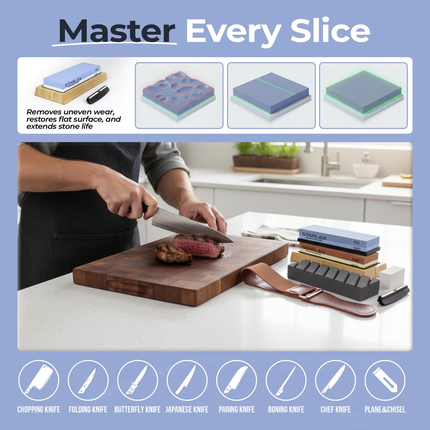 Premium Knife Sharpening Stone Set – Dual Grit Whetstones (400/1000 & 3000/8000), Leather Strop, Flattening Stone, Bamboo Base, Non-Slip Bases & Angle Guide for Kitchen, Chef & Hunting Knives