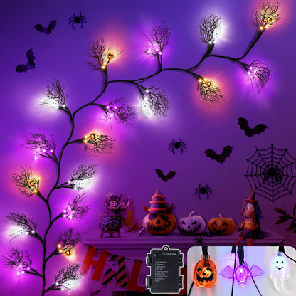 6 FT 54 LED Halloween Lights, 8 Modes & Timer Battery Operated Halloween Pumpkins Bats Ghosts Lights with Willow Vine Twig, 3D Waterproof Decorations Lights for Indoor Wall Party Fireplace Mantle