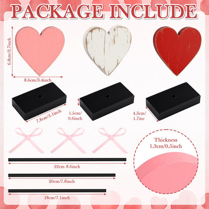 Yerliker 3 Pcs Valentine's Day Wooden Hearts Shape Sign, Valentines Day Farmhouse Table Decor, Rustic Pink Heart Shaped Standing Block, Love Signs for Centerpieces Wedding Party Favor Supplies