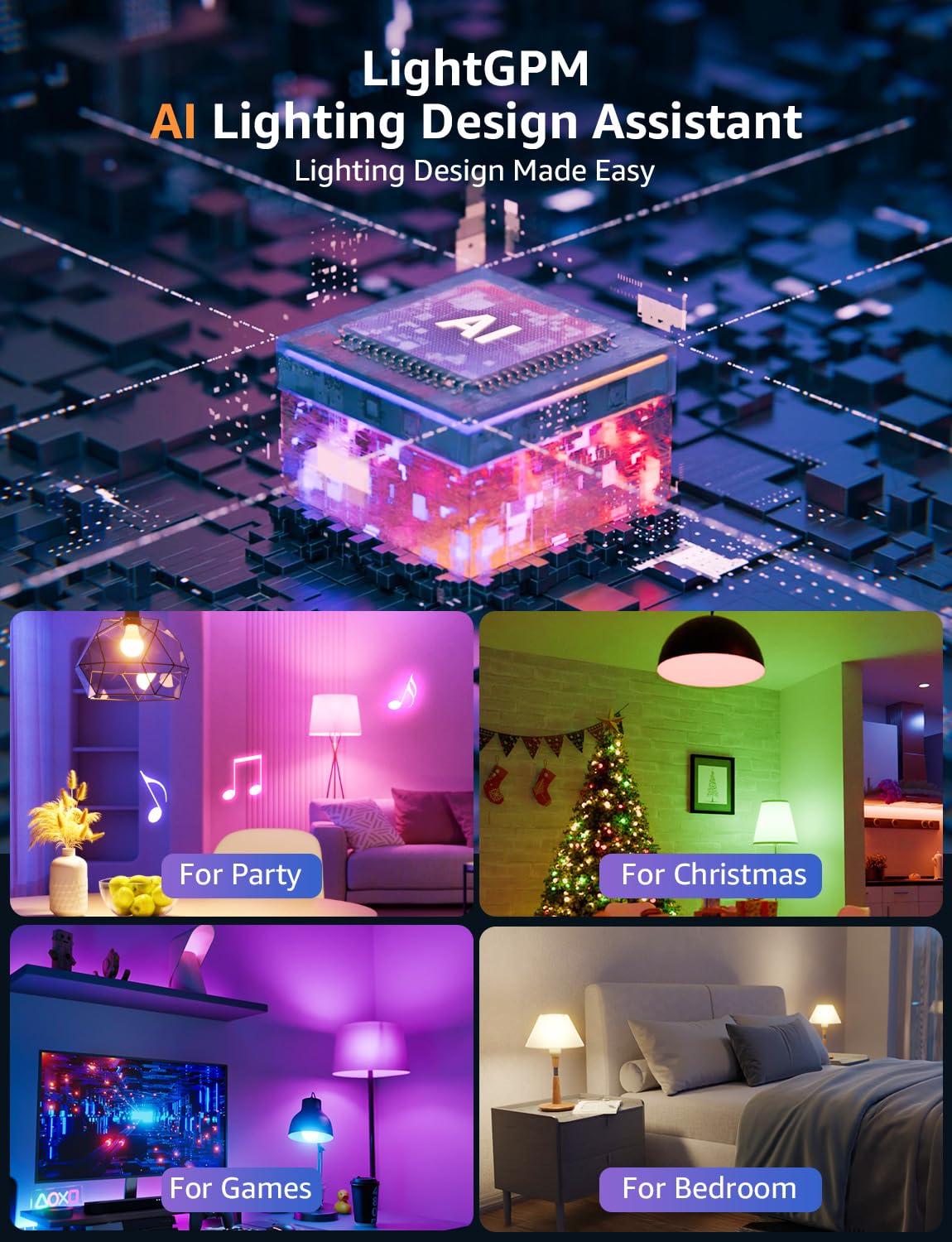 Lepro B1 AI Smart Light Bulbs - WiFi & Bluetooth RGBWW Color Changing LED Bulb Compatible with Alexa & Google Assistant, AI Generated Lighting LLM, AI Voice Control, Music Sync, 2.4GHz Only, 2 Pack