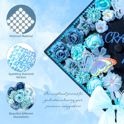 39Pcs Graduation Cap Decorations Kit Blue Artificial Flowers 3D Butterfly Stickers Blue Satin Bow Glitter Rhinestones Alphabet Letter Number Stickers for 2026 Graduation Party Supplies