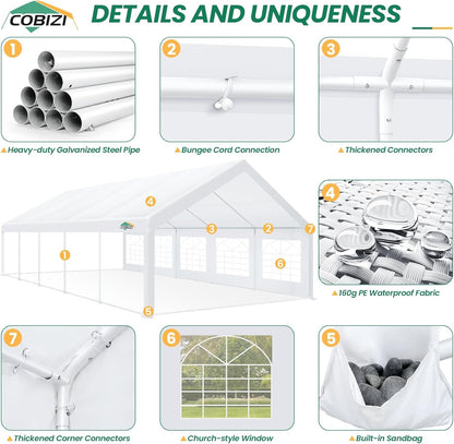 COBIZI 16x32FT Party Tent Heavy Duty White Event Shelter Outdoor Wedding Gazebo Canopy for Parties Carport BBQ Commercial with Removable Sidewall Windows, Powder Coating (Better Than Galvanized)