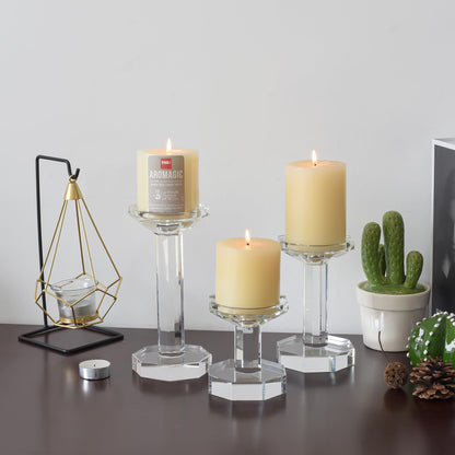 DONOUCLS Crystal Candlestick Holders Set of 3, Clear Crystal Taper/Pillar Candles Holders– Table Centerpieces for Party and Wedding Decoration(4''/6''/8'' Tall)