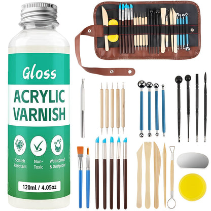 120ML Air Dry Clay Glaze with 29PCS Clay Tools Kit, Gloss Polymer Clay Kit and Clay Varnish, Pottery Tool Kit for Sculpting, Modeling, Shaping Crafts, High Gloss, Scratch Resistant