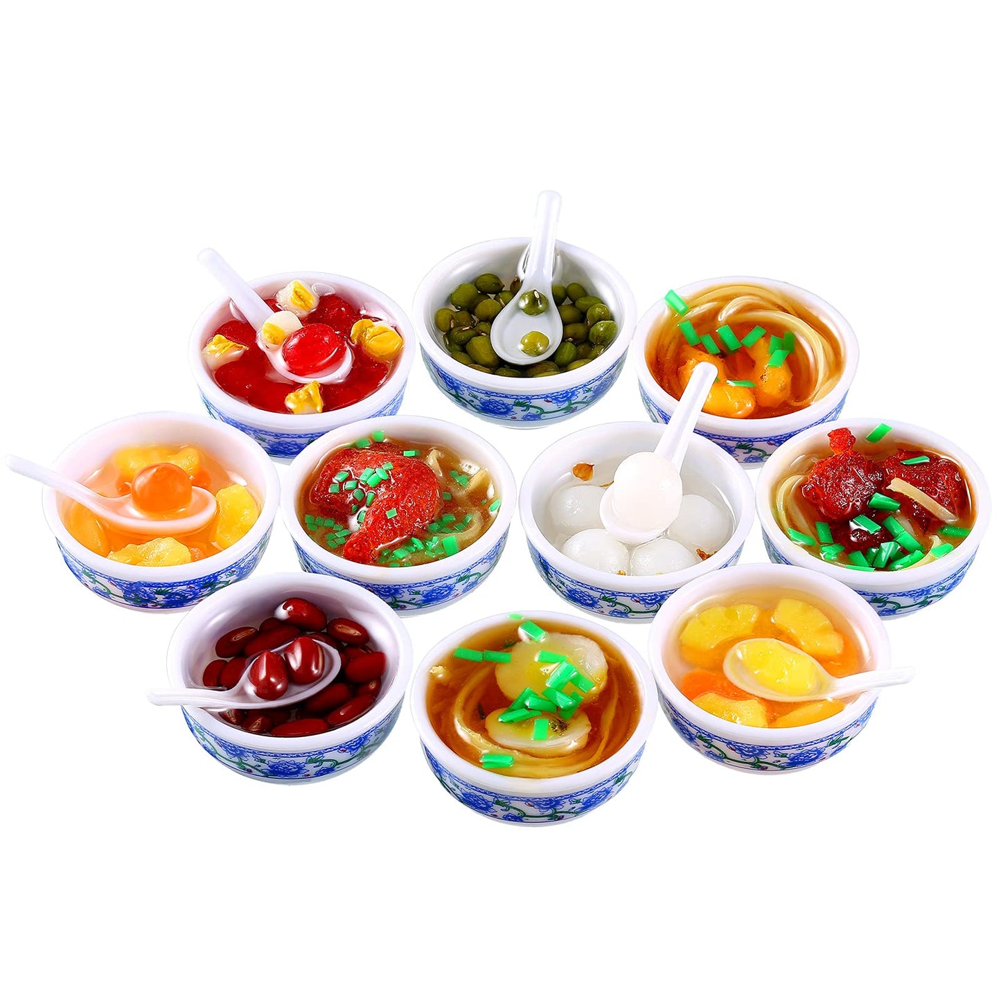 10 Pieces Mini Toy Food Miniatures Chinese Play Food Blue and White Pottery Sweet Soup Syrup Noodle Bowls for Kitchen Dollhouse Accessories