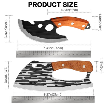 Wruhamd 2 Pcs Meat Cleaver Knife Set, Effort Saving Meat Cleaver for Cutting Meat Vegetable, Sharp Carbon Steel Cooking Viking Knife with Leather Sheath for Kitchen, Camping, Outdoor Cooking, BBQ Gift