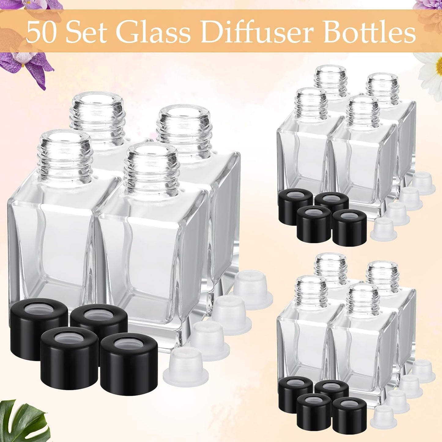 50 Set 50ml 1.7 oz Umigy Glass Diffuser Bottles Reed Diffuser Empty Jars Clear Fragrance Bottle with Black Caps