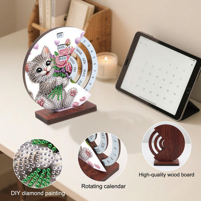 AiYuanzsh 3D Diamond Art Tabletop Perpetual Calendar Kit, DIY Wooden Desktop Ornament with Cute Cat Design, Sparkling Diamond Painting Desk Decoration Gift for Home & Office