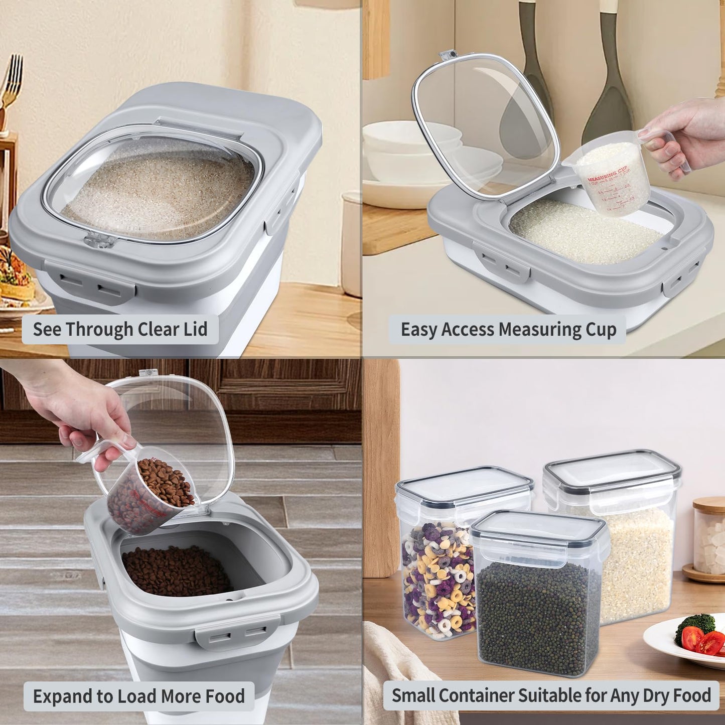 Komzon Rice Storage Container, Collapsible Airtight Food Storage Containers 6-20 Lbs, Rice Dispenser with Measuring Cup and Small Bin for Flour Cereal Pasta Grain, Cat Pet Dog Bird Food Container