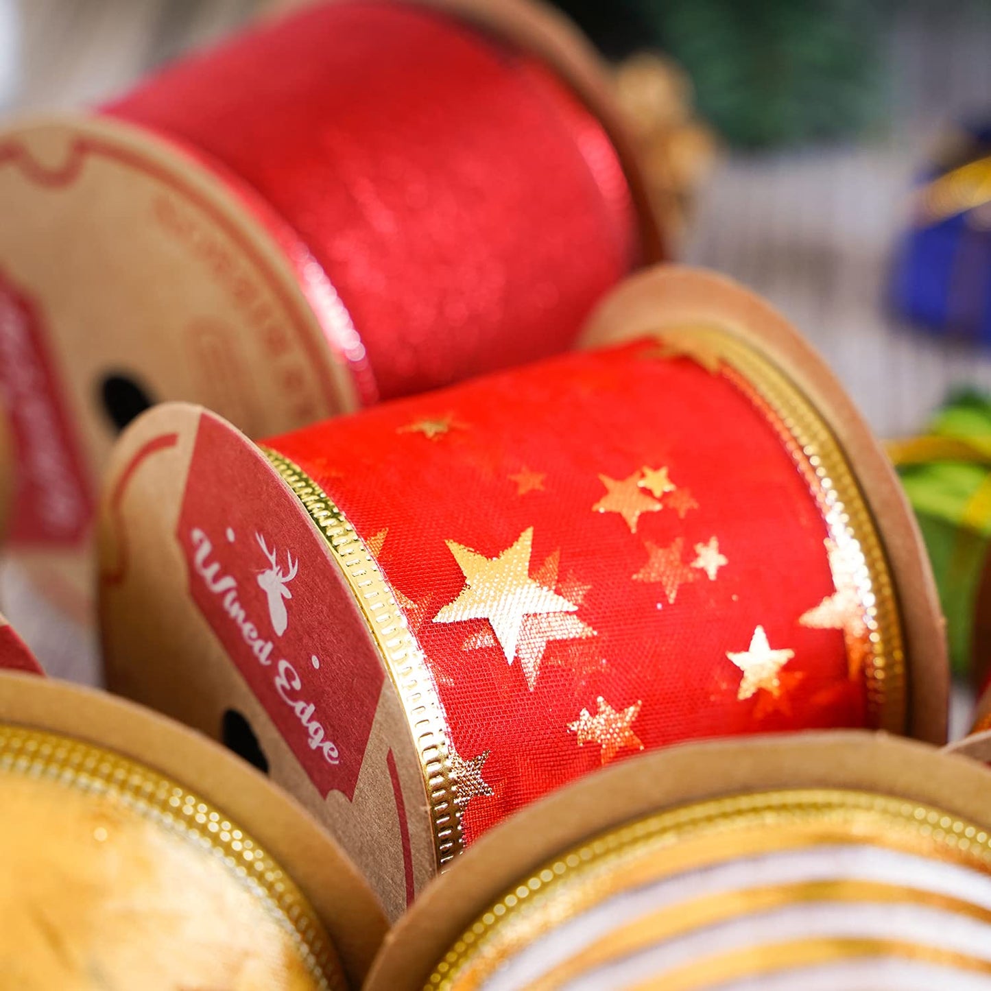 MEEDEE Red & Gold Christmas Ribbon - 2.5 Inch, 6 Rolls (36 Yards), Wired, Perfect for Tree Decoration, Wreaths & Bows