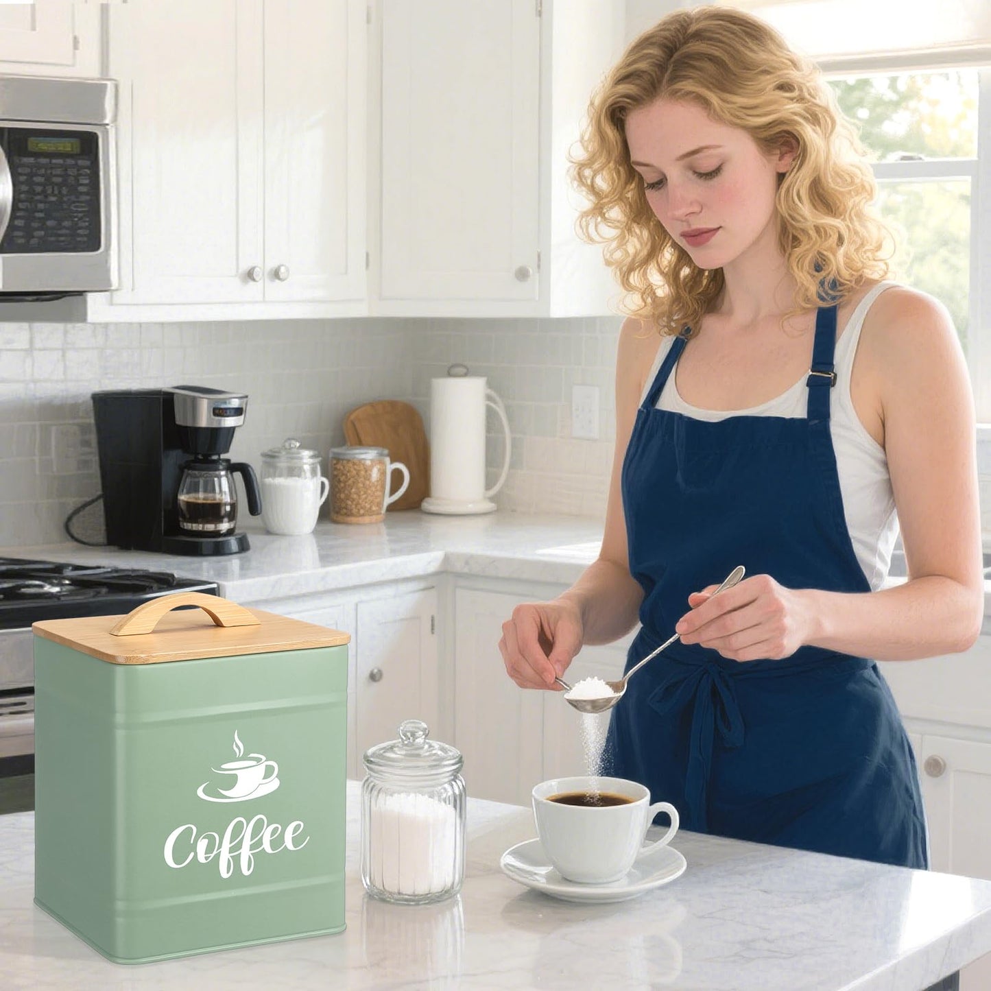 Maxdot 40 oz Turquoise Airtight Coffee Canister Large Iron Farmhouse Container with Wooden Bamboo Lid Tea Storage Kitchen Countertop Container for Coffee Grounds Beans Pods