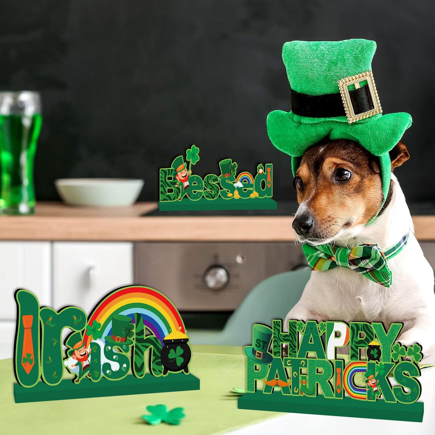 4pcs St Patricks Day Decorations Wooden Table Signs,Happy Saint Patricks Day Table Decorations Green Irish Lucky Shamrock, Leprechaun St. Patricks Day Decorations for Holiday Party