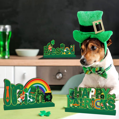 4pcs St Patricks Day Decorations Wooden Table Signs,Happy Saint Patricks Day Table Decorations Green Irish Lucky Shamrock, Leprechaun St. Patricks Day Decorations for Holiday Party