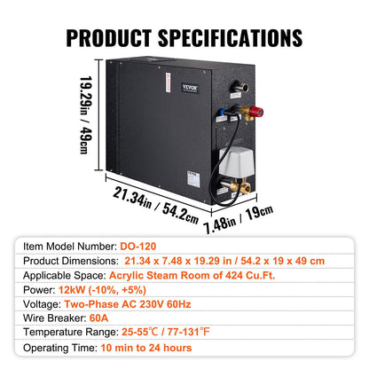 VEVOR Steam Shower Generator, 12 kW, Segmented Heating System with Temperature Customization & 24h Timer, Automatic Drainage Steam Bath Kit for Home Use