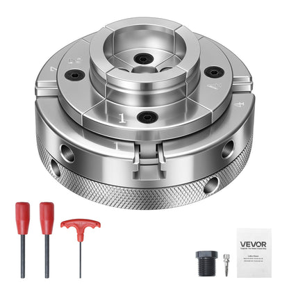 VEVOR 4 Inch Wood Lathe Chuck, 4-Jaw, Self-Centering Wood Turning Chuck Set with 1" x 8TPI Thread & Adapter, Nickel-Plated, High-Hardness Steel, Inside Clamping & Outside Support, for Woodworking
