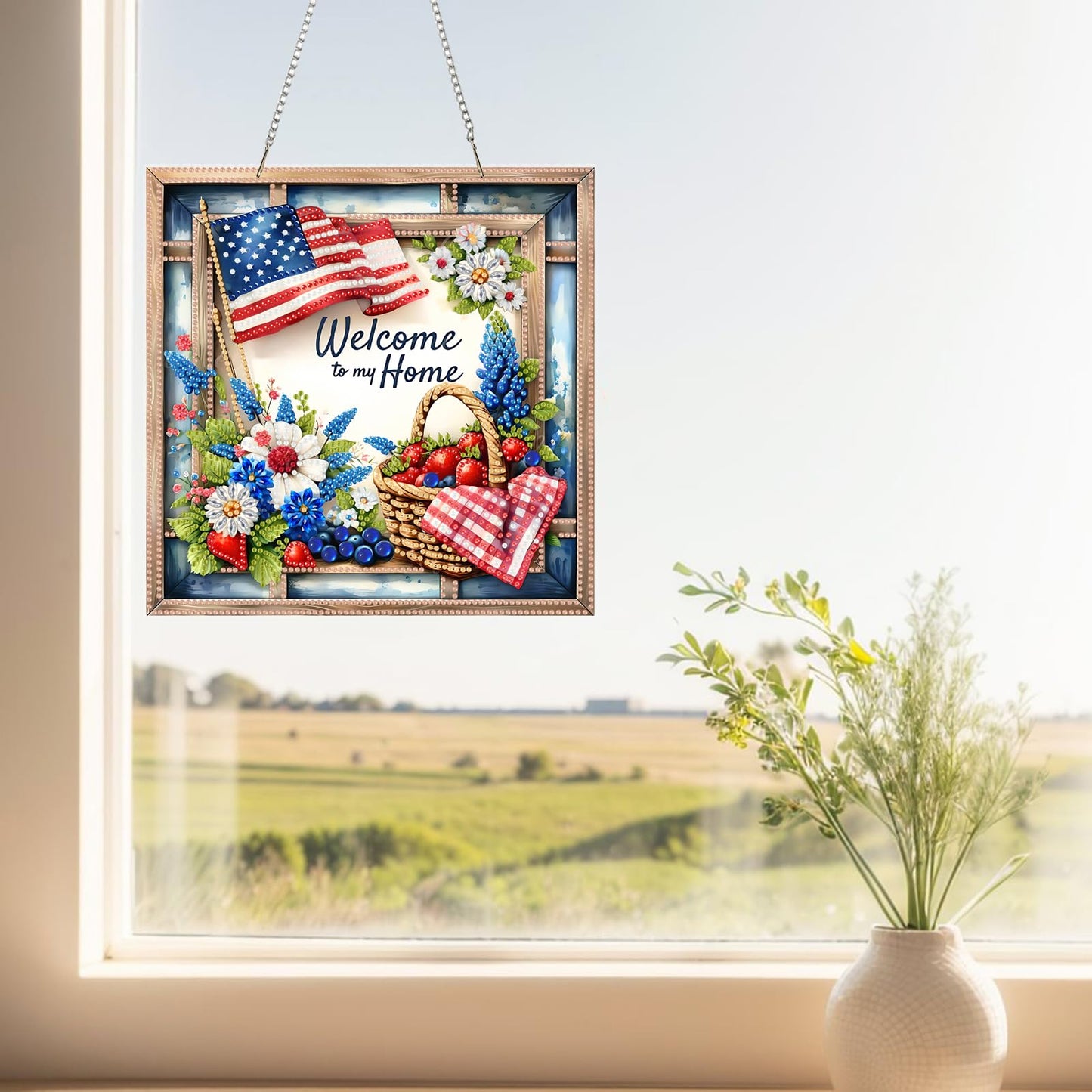 SHLUHA Diamond Art Kits for Adults Diamond Art Welcome Design Special Shape Acrylic Hanging Pendant Crystal Mosaic Home Wall Door Window Decor with Chain Handmade Gift with American Flag(LG53)