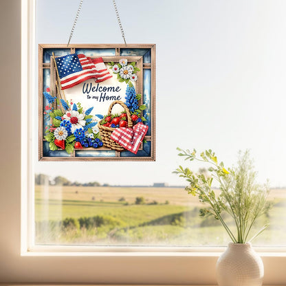 SHLUHA Diamond Art Kits for Adults Diamond Art Welcome Design Special Shape Acrylic Hanging Pendant Crystal Mosaic Home Wall Door Window Decor with Chain Handmade Gift with American Flag(LG53)