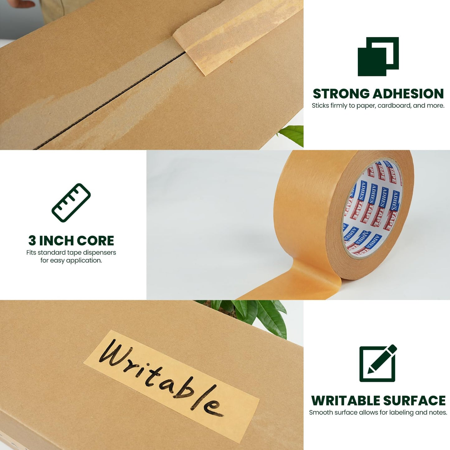 ADHES Kraft Paper Tape, 2 Inch x 44 Yards, 4 Rolls Writable & Uncoated Heavy Duty Paper Tape, Biodegradable Brown Packing Tape for Sealing, Packaging & Moving