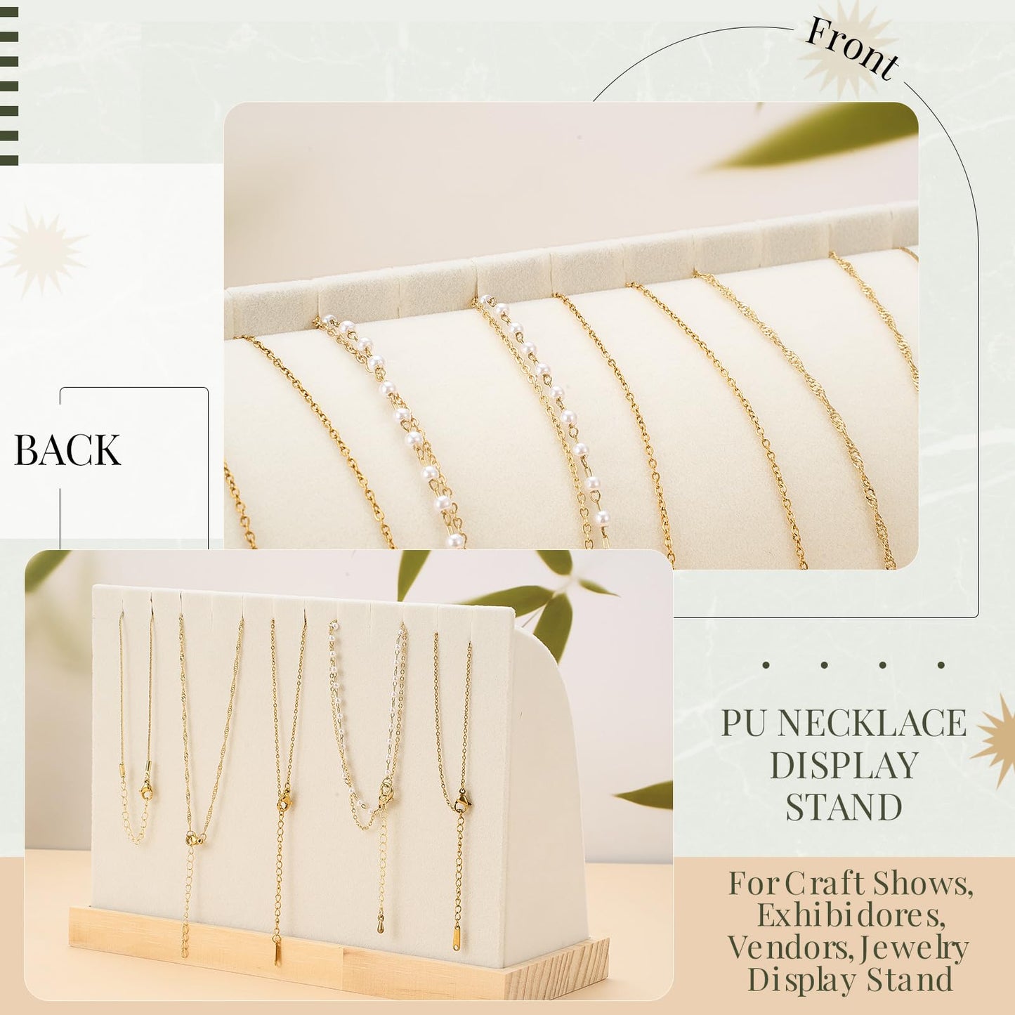 RattanView 2 Pieces Cambered Wooden Necklace Display Stand with Soft Mat Necklace Holder Jewelry Display for Vendors Home Boutique Countertop Pendant Chain Chokers Organizer Pendant (Beige, Velvet)