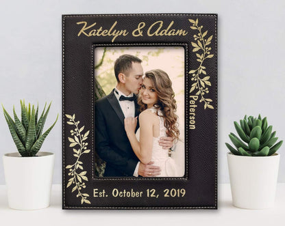 Personalized Newlywed Couples Leather Picture Frame - 7x5 Engraved Wedding Anniversary Gift