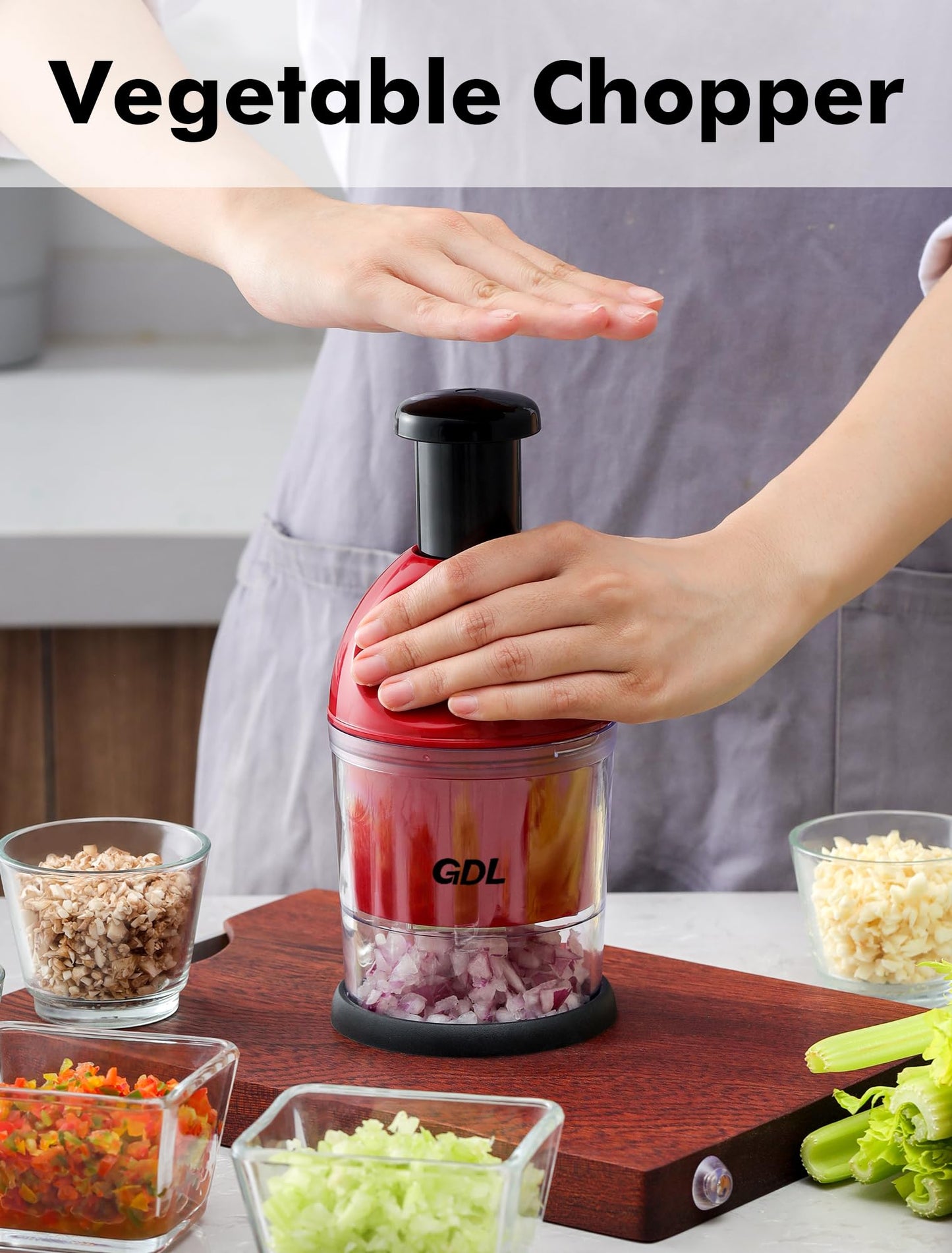 Food Chopper, Hand Chopper Dicer Easy to Clean, Manual Slap Vegetable Cutter Onion Dicer, Garlic Mincer for Onion, Nut, Tomato, Pepper, Celery, etc, Red