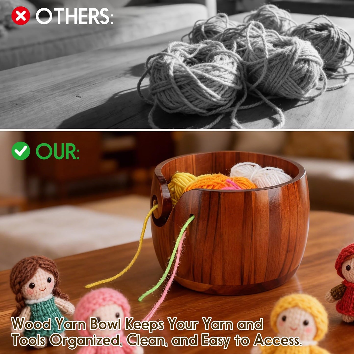 Ziimaikery Large Wood Yarn Bowl with Lid, Crochet Yarn Holder with 7pcs Knitting Hooks, No-Tangle Design, Yarn Storage Crochet Bowl Knitting at Home, Café, Park, Craft Gatherings Rotundity