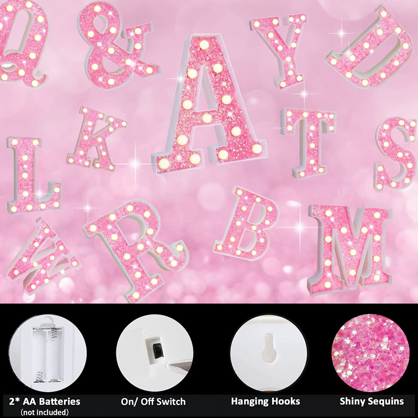 Light Up Letters, Glitter Alphabet Letter Sign Pink LED Marquee Letter Lights Battery Powered for Night Light Girls Bedroom Birthday Party Wedding Home Christmas Decorations Gift for Her-Pink C