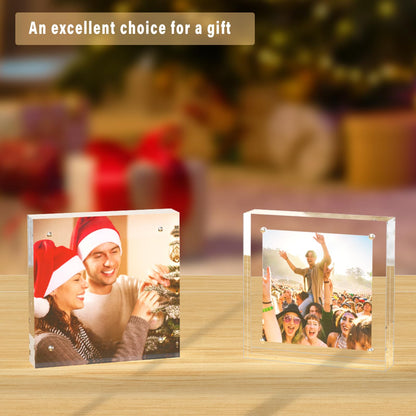 HELPLEX 2 Pack 8x8 Acrylic Picture Frames, 24mm Thicker Square Frameless Clear Frame Double Sided Magnetic Frame, Free Standing Desktop Display Stand Acrylic Frames