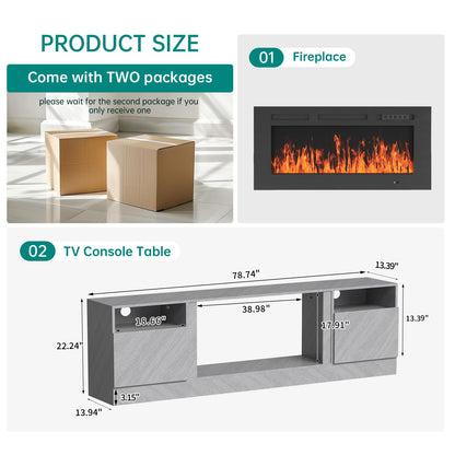 MXV 80" Fireplace TV Stand for TVs Up to 90", LED Light Entertainment Center with 36" Electric Fireplace, Modern Wood Texture TV Media Console with Highlight Storage Cabinet, Grey-Black