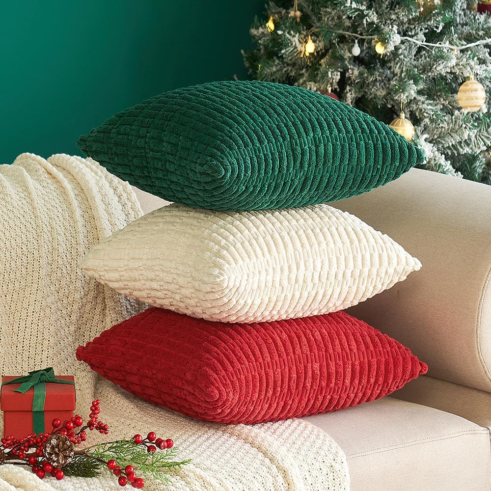 MIULEE Euro Sham Pillow Covers - Soft Boho Striped Corduroy | Set of 2, 22x22 Inch, Cream White