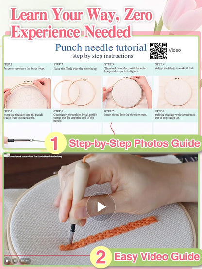 Tulip Punch Needle Kit for Beginners - Step-by-Step Guide, Fabric, Hoop, Needle & Yarns Included
