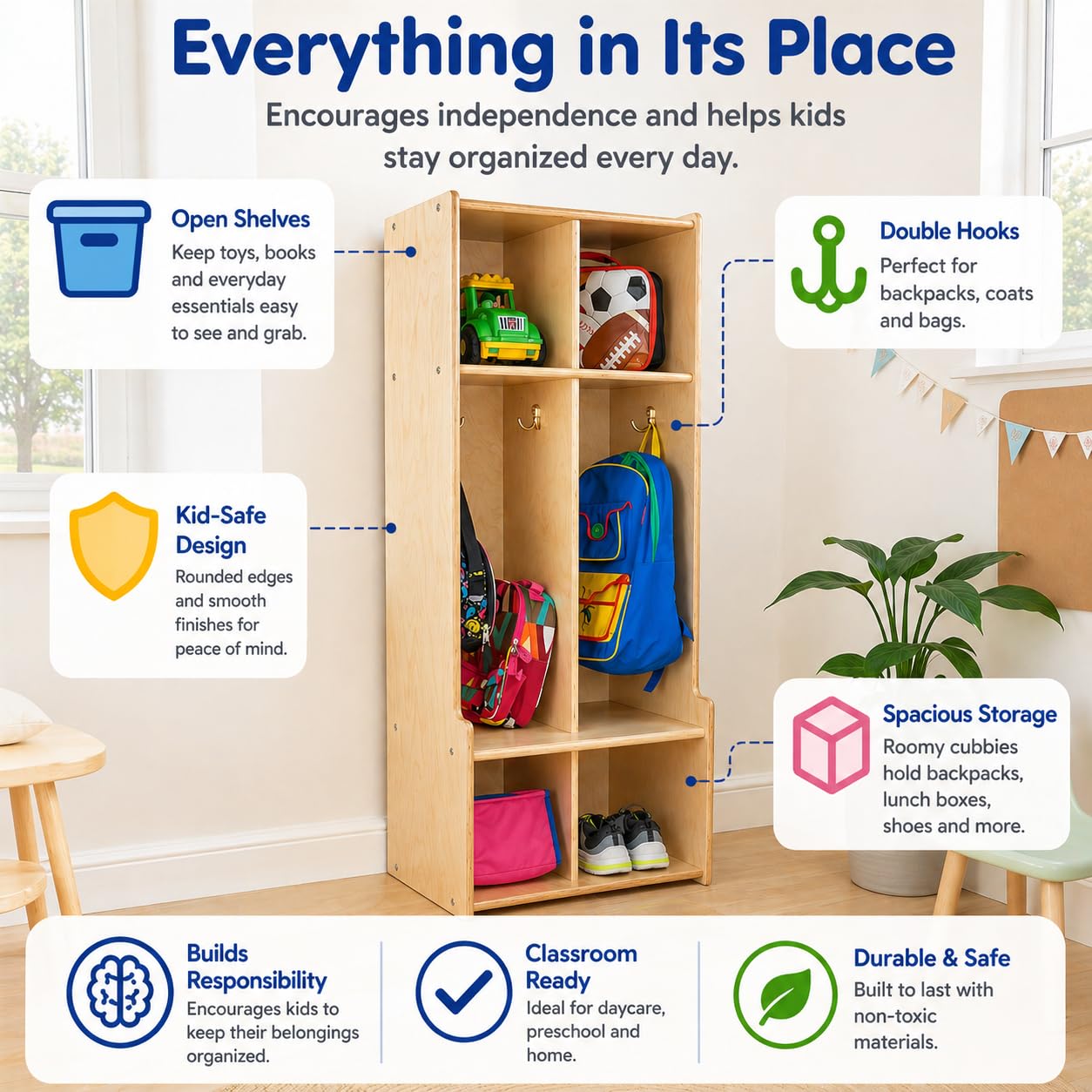 Contender 2-Section Coat Locker with Bench & Cubby Storage, Backpack Organizer, Coat Cubbies Storage for Kids & Toddlers, Ideal for Home, School, Office