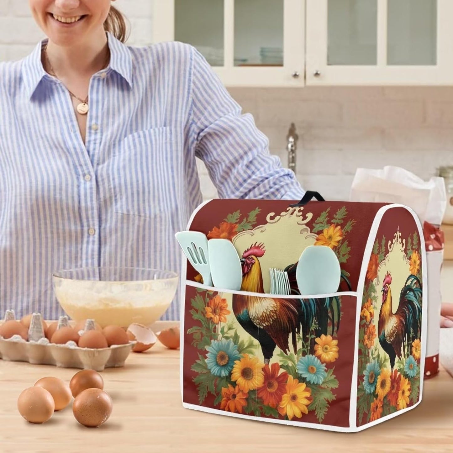 Upetstory Chicken Rooster Kitchen Aid Mixer Cover with Pockets, Compatible with 4.5-5 Quart Kitchen Mixers, Toaster